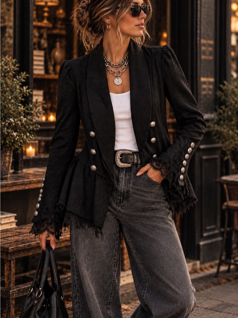 Free People Black Flared Sleeve Lace-Trim Military Boho Blazer-Small